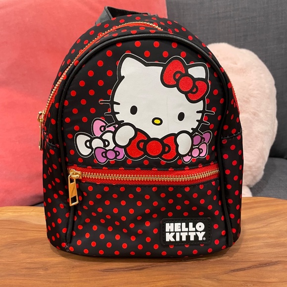 Hello Kitty Handbags - HELLO KITTY Sanrio Mini Backpack with Zipped Front Pocket Black Red Polka Dots